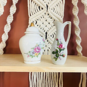 Vintage Porcelain Decor Set Vanity Bottles Set 2 Pink Floral Gold Accent Antique